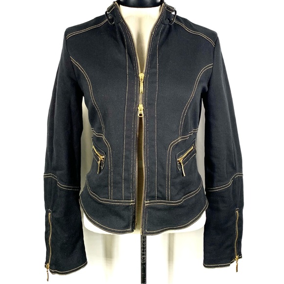 ❗️SOLD❗️Y2K Georgiou Studio Black Denim Tailored Mock Neck Zip Jacket S - Picture 3 of 11